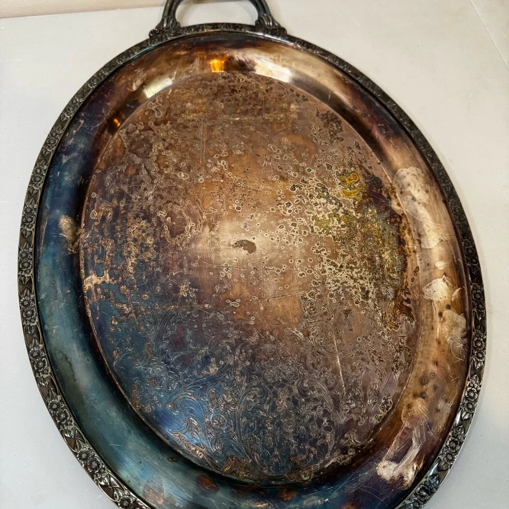VTG WM Rogers Victorian Floral Rose Silverplate Handled Oval‎ Serving Tray 580